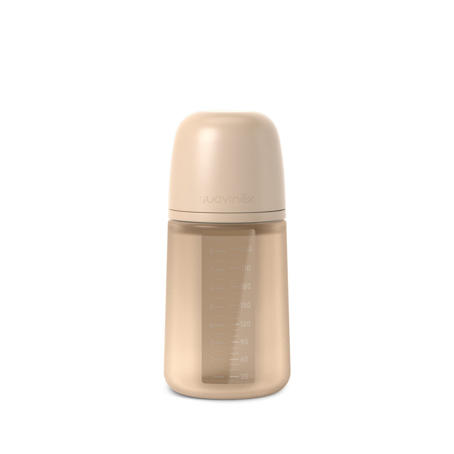 An irish cream Suavinex Color Essence silicone baby bottle on a white background
