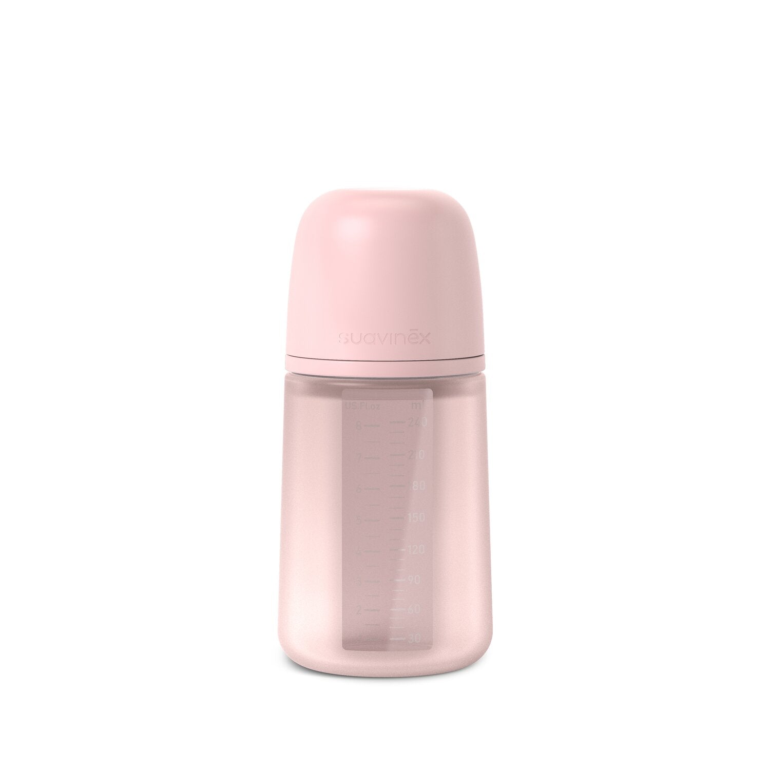 A rosewater Suavinex Color Essence silicone baby bottle with a medium flow nipple