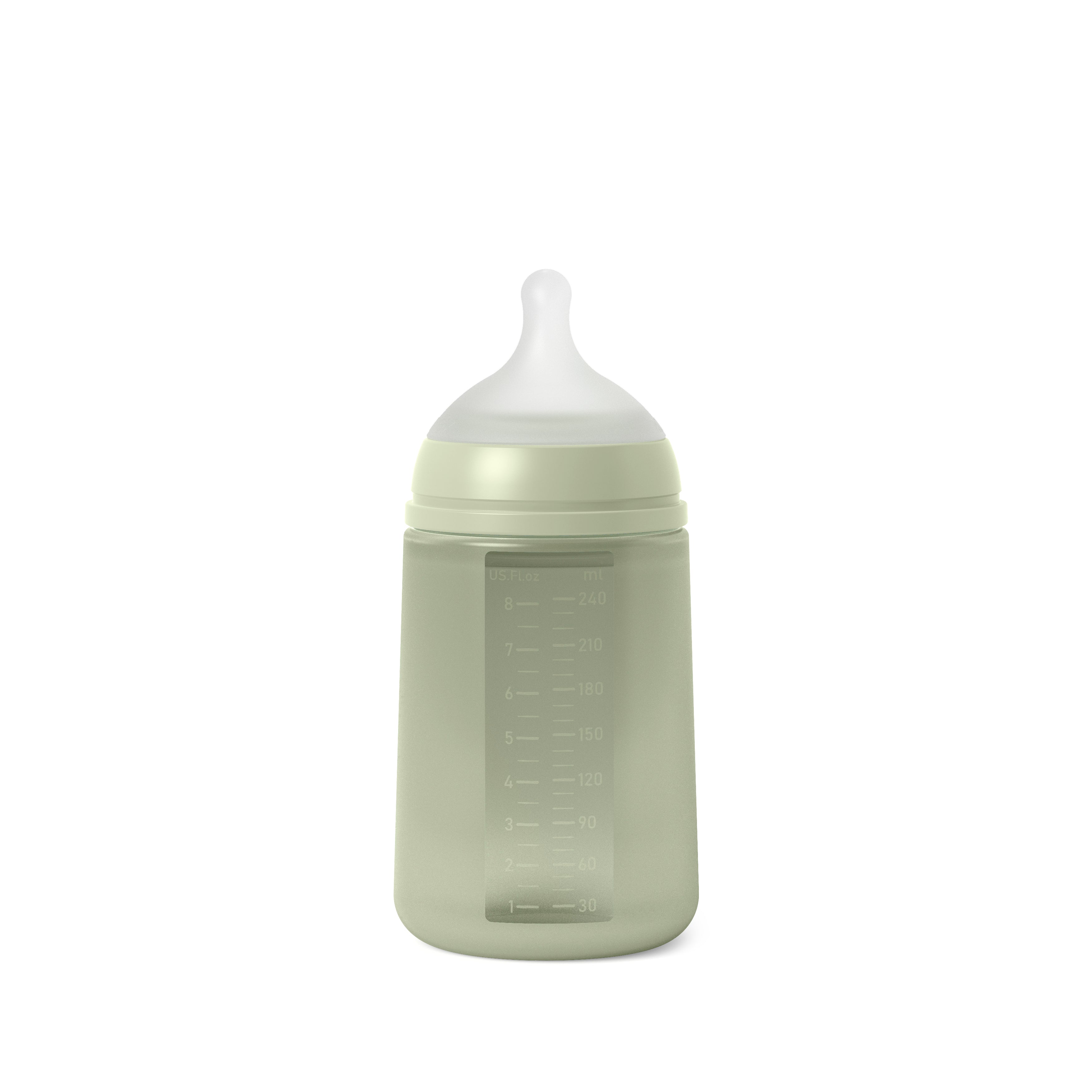 An green Suavinex Color Essence silicone baby bottle with a medium flow nipple.
