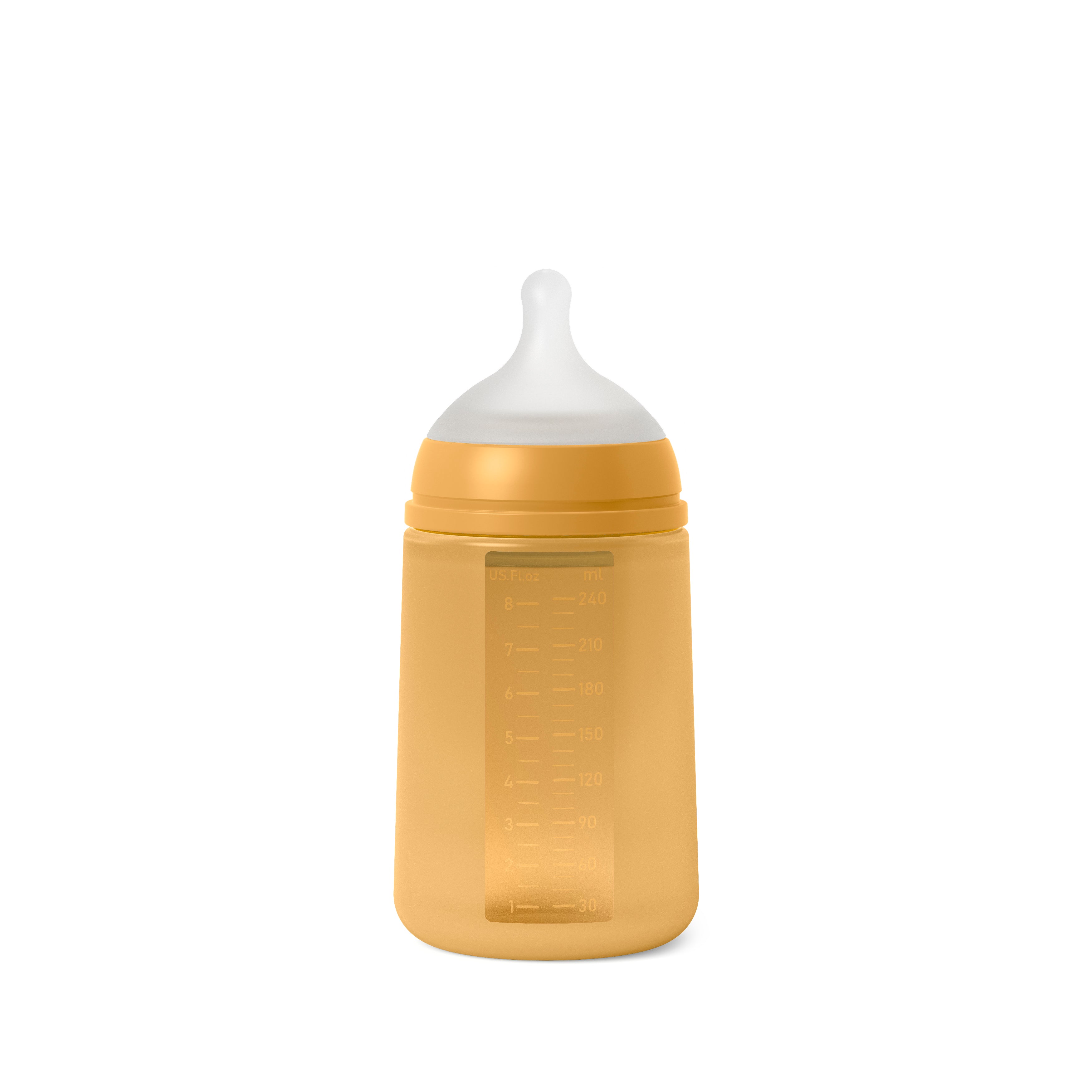 A mustard yellow Suavinex Color Essence silicone baby bottle with a medium flow nipple.