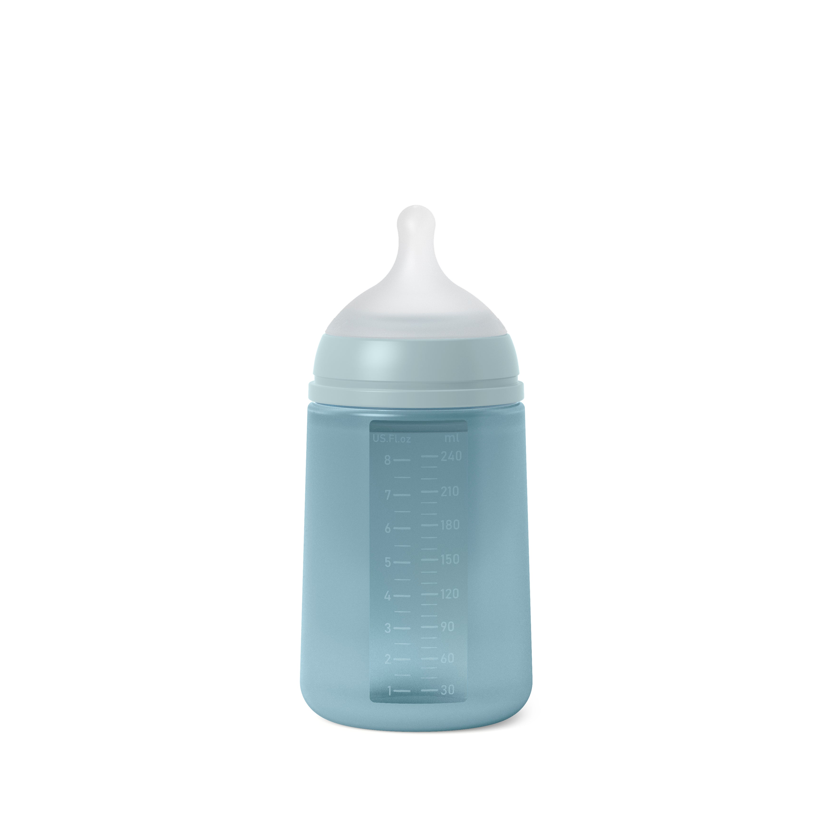A blue Suavinex Color Essence silicone baby bottle with a medium flow nipple.