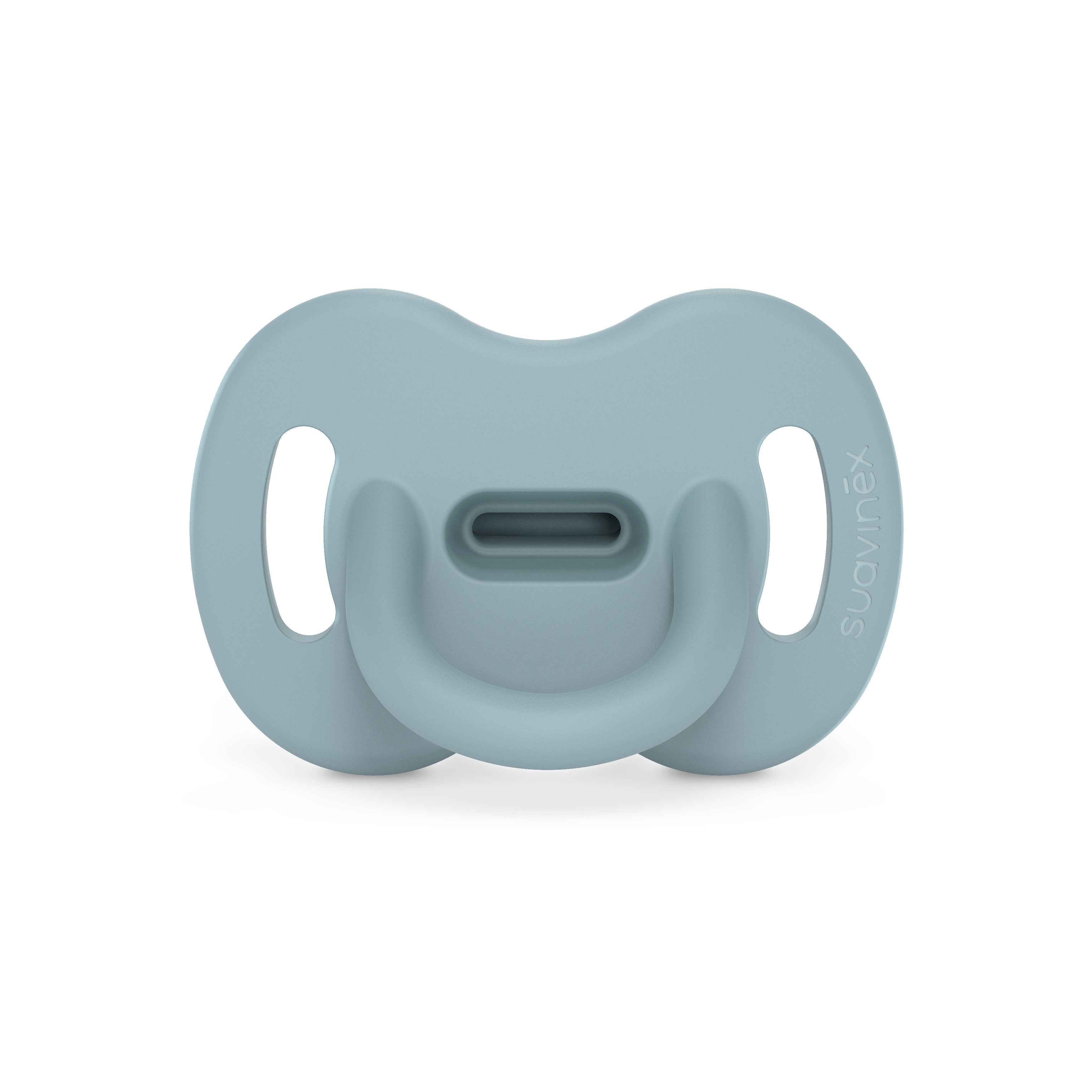 A blue Suavinex Color Essence Pacifier, designed as a single piece of silicone with a soft, velvety texture and a revolutionary SX Pro™ Physiological nipple.