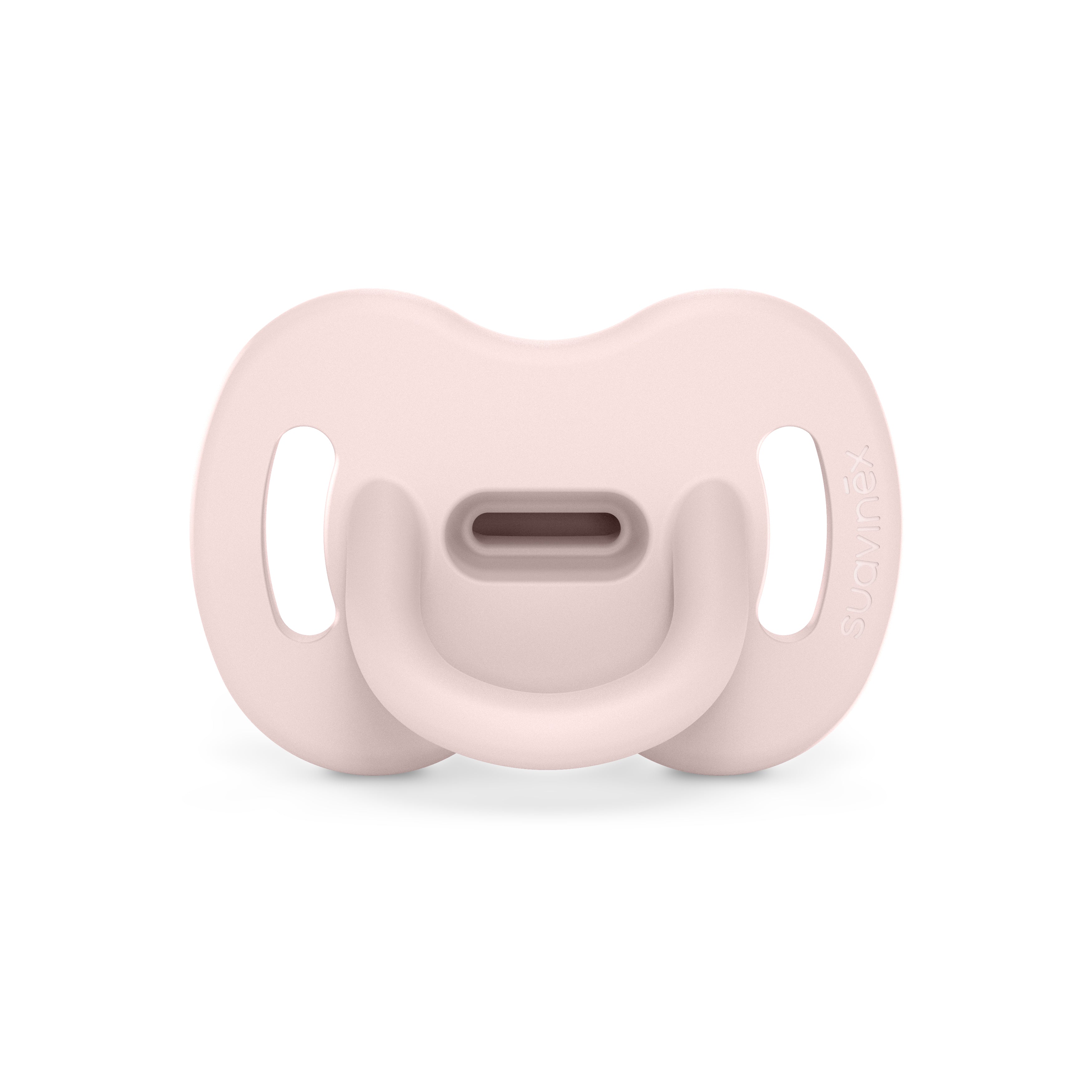 Pink pacifier on a white background
